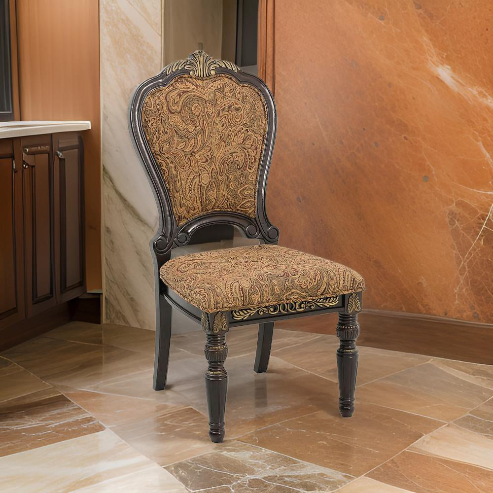 Wooden Tuscan Style Side Chair With Fabric Upholstery, Set of 2, Cherry Brown  - BM186013