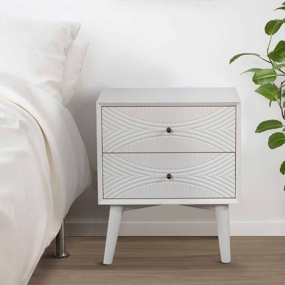 Two Drawers Mahogany Wood Nightstand with Tapered Legs, White