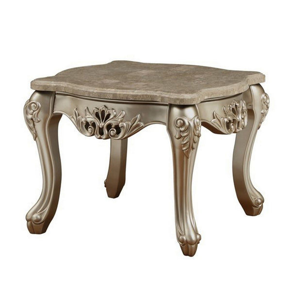 Marble Top Wooden End Table with Queen Anne Style Legs, Champagne Gold - AMF-81042