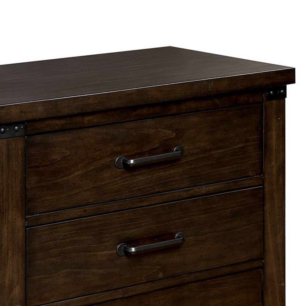 Three Drawer Nightstand with Metal Handle And Crossed Planked Side Panels, Brown