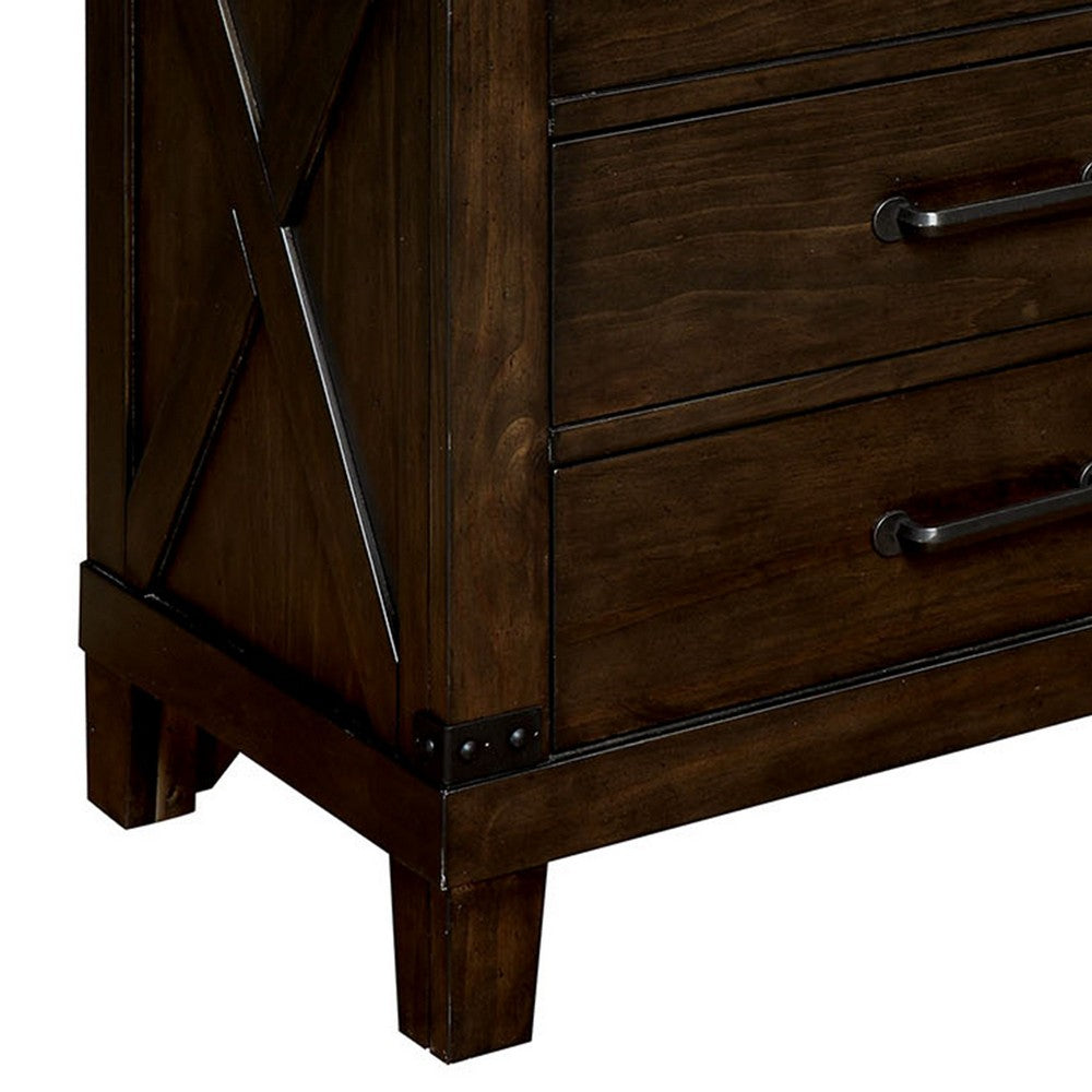 Three Drawer Nightstand with Metal Handle And Crossed Planked Side Panels, Brown