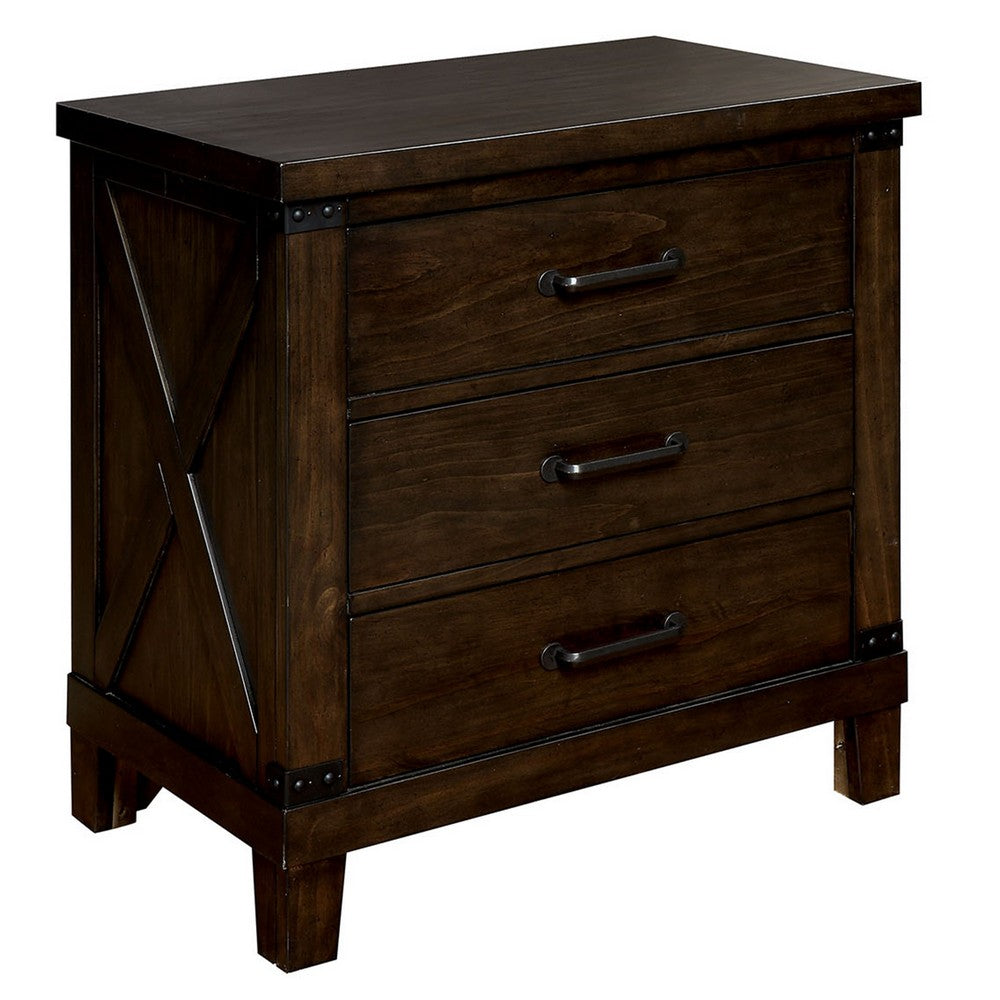 Three Drawer Nightstand with Metal Handle And Crossed Planked Side Panels, Brown - FOA-CM7734N