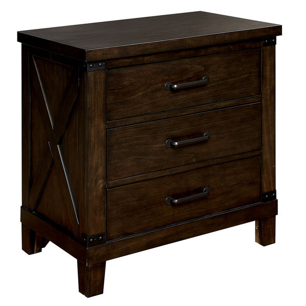 Three Drawer Nightstand with Metal Handle And Crossed Planked Side Panels, Brown - FOA-CM7734N