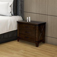 Three Drawer Nightstand with Metal Handle And Crossed Planked Side Panels, Brown