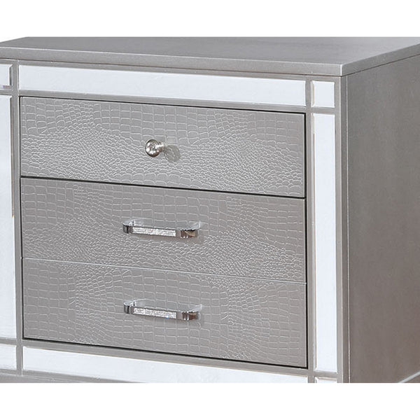 Three Drawer Solid Wood Nightstand with Mirror Accent Trim Front, Silver - BM186381