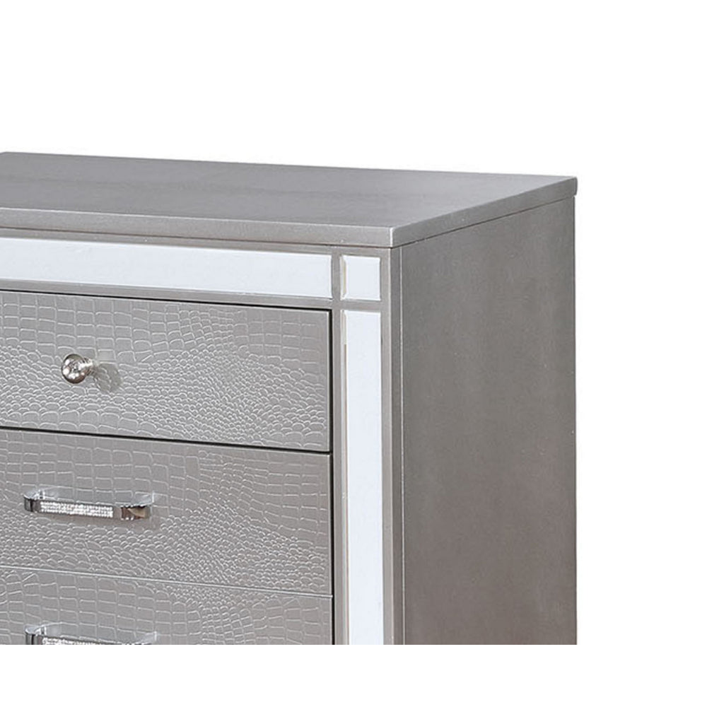 Three Drawer Solid Wood Nightstand with Mirror Accent Trim Front, Silver - BM186381