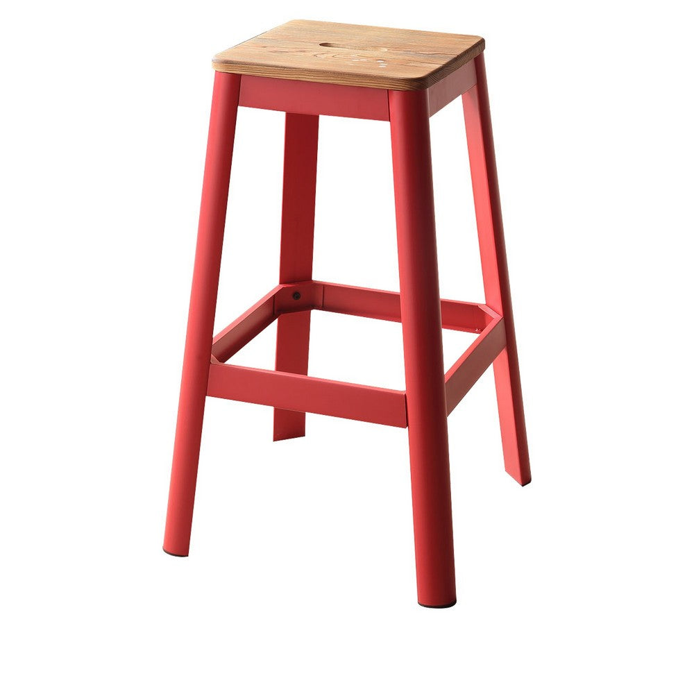 Industrial Style Metal Frame and Wooden Bar Stool, Brown and Red - AMF-72334