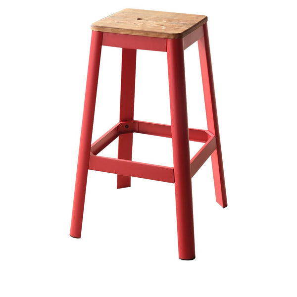 Industrial Style Metal Frame and Wooden Bar Stool, Brown and Red - AMF-72334