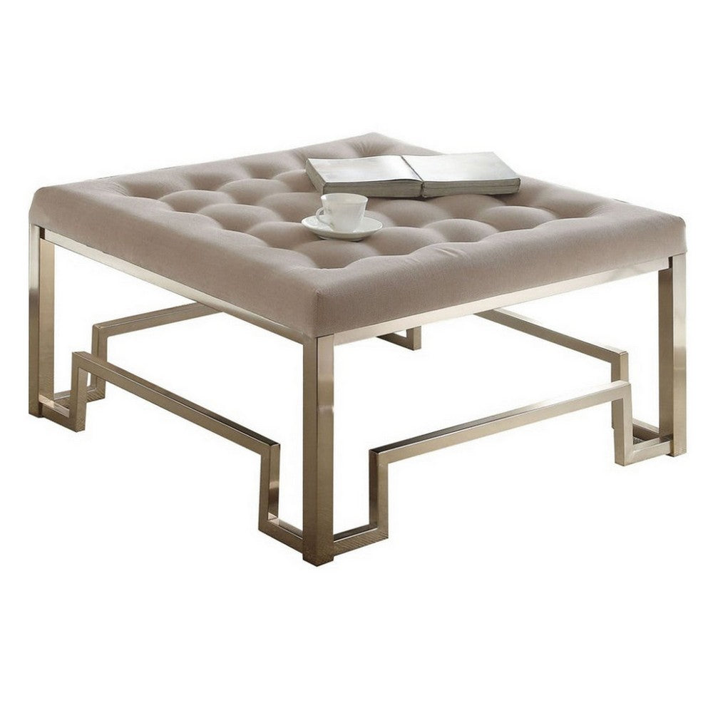Modern Style Square Shaped Wood and Metal Cocktail Ottoman, Gold and Beige - AMF-81625