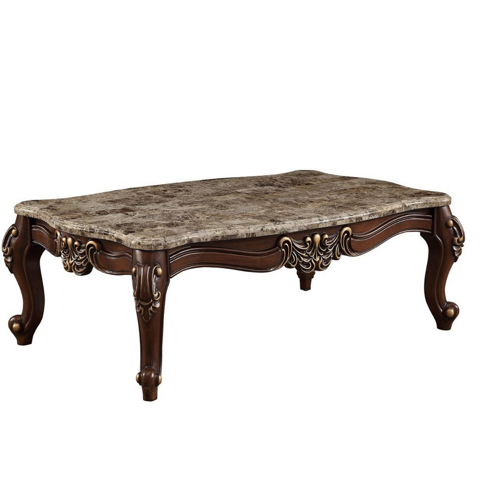 Traditional Style Rectangular Wood and Marble Coffee Table, Brown - AMF-81695