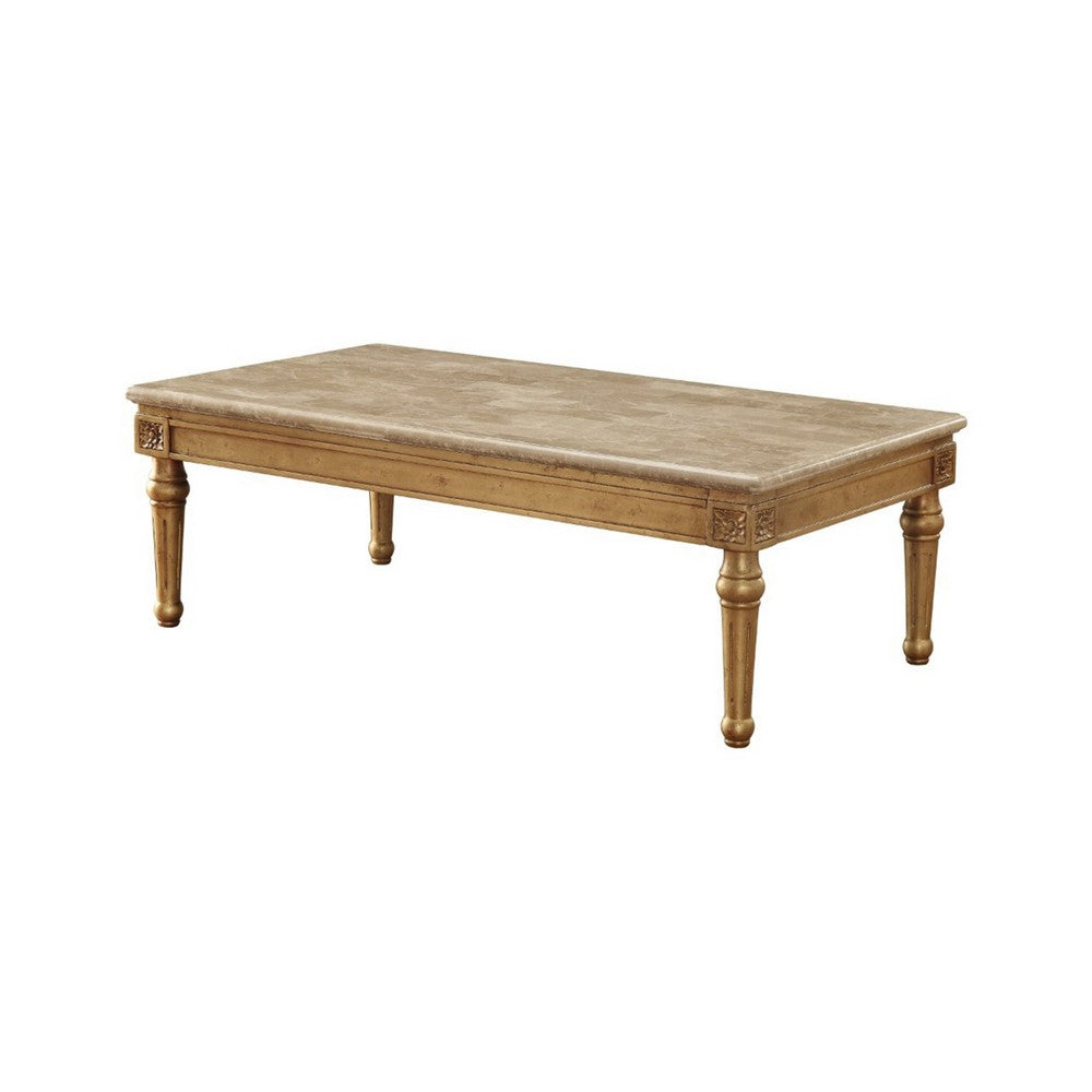 Traditional Style Rectangular Wood and Marble Coffee Table, Gold - AMF-81715