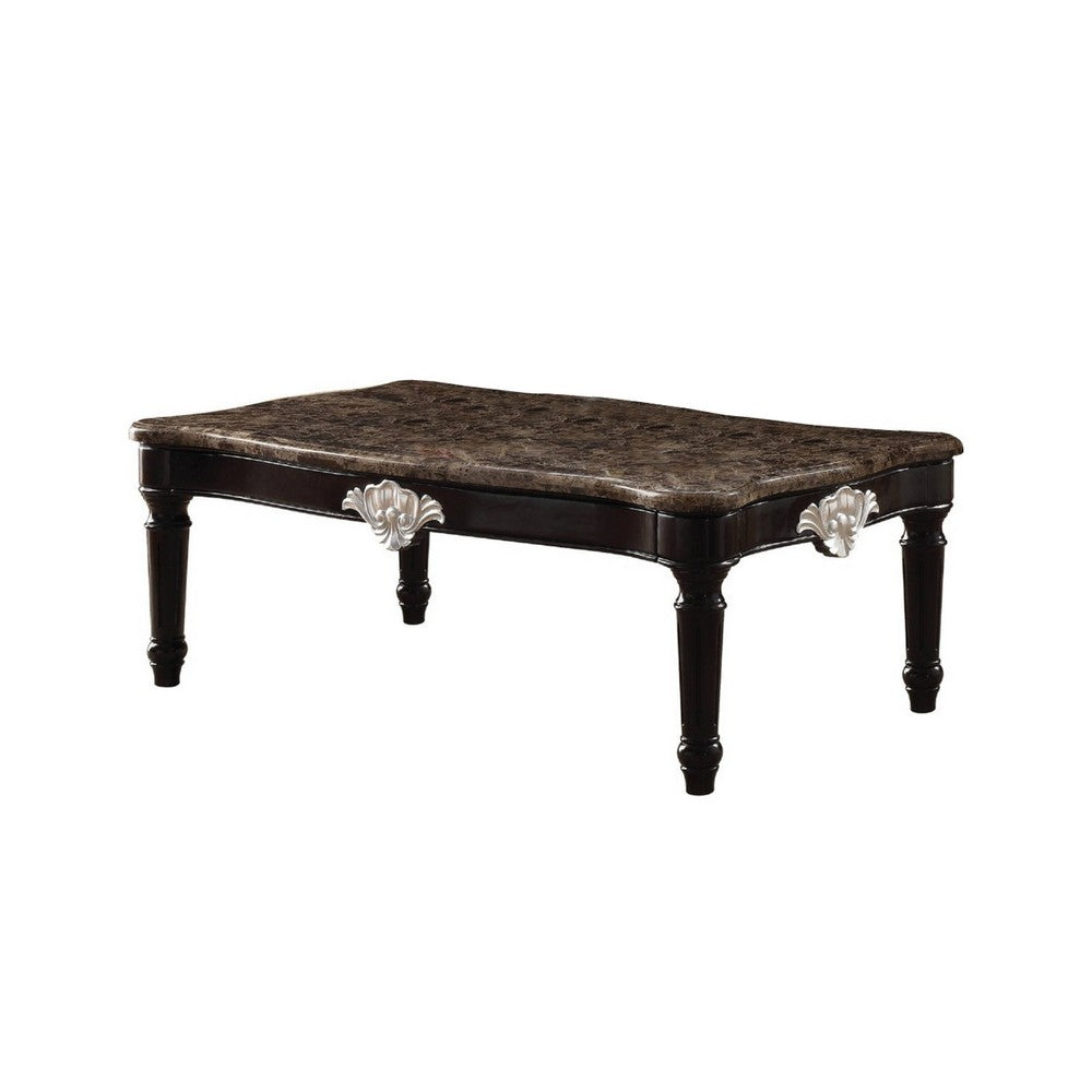 Traditional Style Rectangular Marble and Wood Coffee Table, Brown - AMF-82150