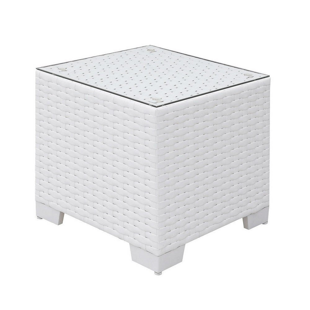 Aluminum Frame Square End Table with Woven Wicker Base and Glass On Top, White