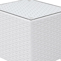 Aluminum Frame Square End Table with Woven Wicker Base and Glass On Top, White