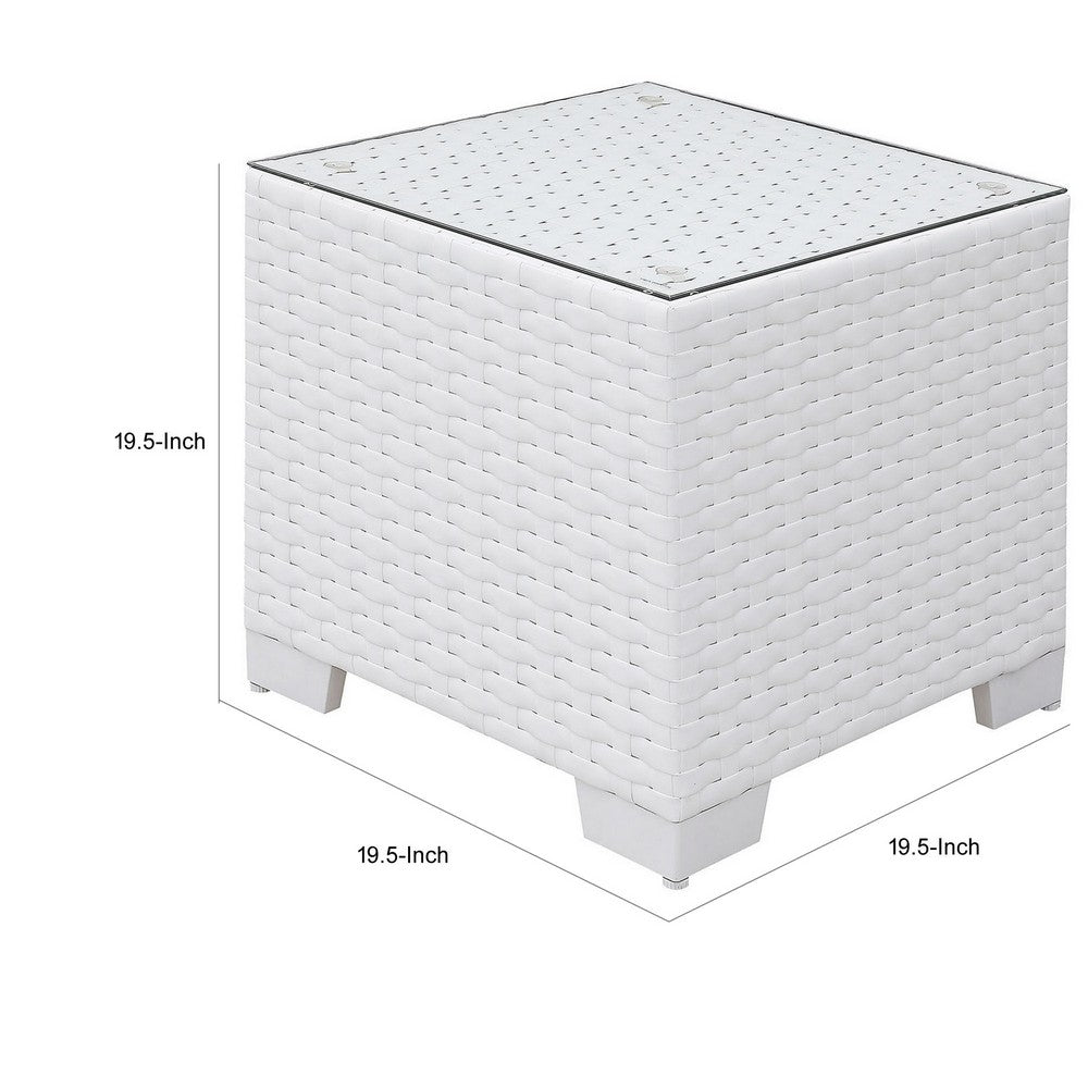 Aluminum Frame Square End Table with Woven Wicker Base and Glass On Top, White