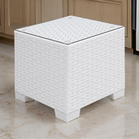 Aluminum Frame Square End Table with Woven Wicker Base and Glass On Top, White