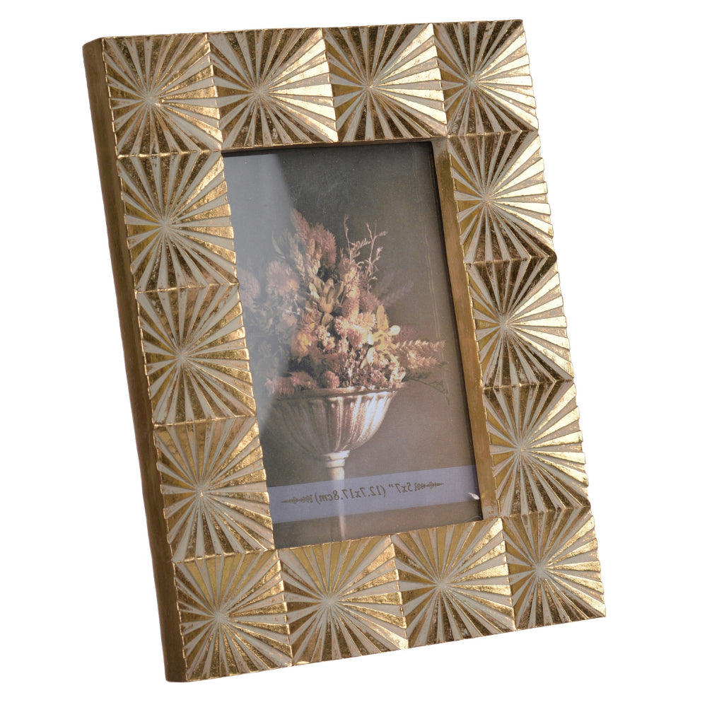 Rectangular Shaped Polyresin Photo Frame with Mirror and Pyramid Like Design , Gold