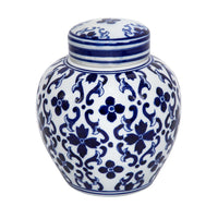 Traditional Style Urn Shape Ceramic Lidded Jar with Floral Pattern, White and Blue