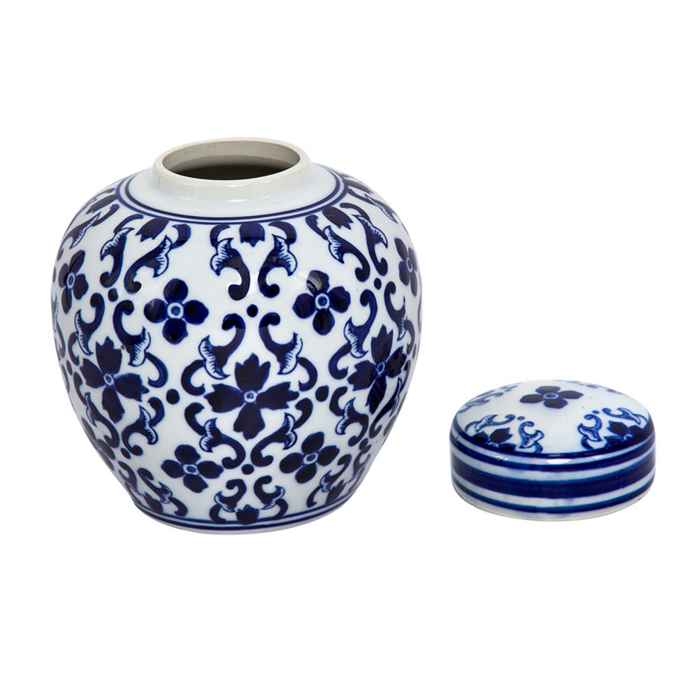 Traditional Style Urn Shape Ceramic Lidded Jar with Floral Pattern, White and Blue