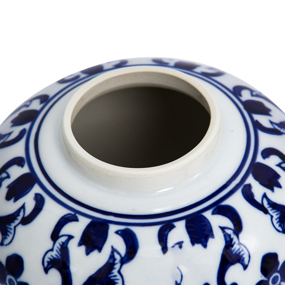 Traditional Style Urn Shape Ceramic Lidded Jar with Floral Pattern, White and Blue