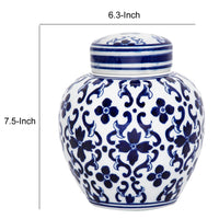 Traditional Style Urn Shape Ceramic Lidded Jar with Floral Pattern, White and Blue