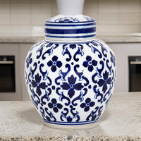 Traditional Style Urn Shape Ceramic Lidded Jar with Floral Pattern, White and Blue