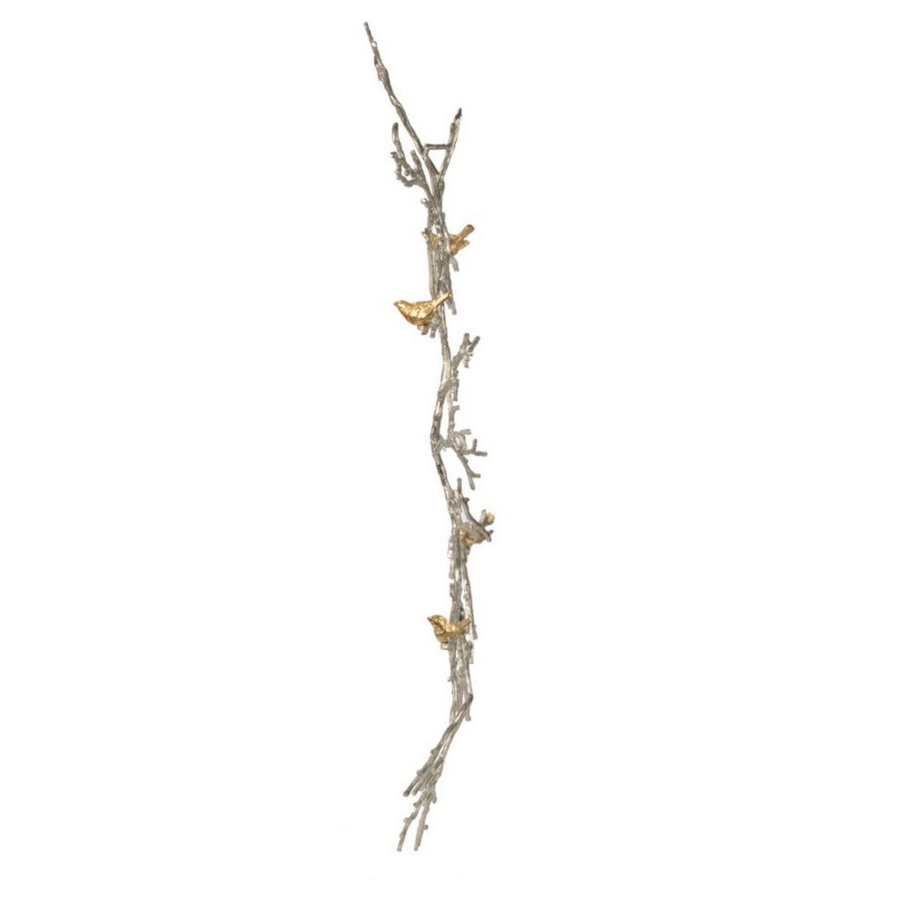 Branch Shape Aluminum Wall Decor with Four Bird Accents, Gold