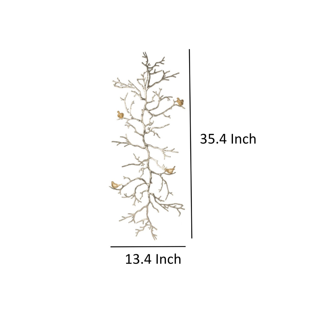 Branch Shape Aluminum Wall Decor with Four Bird Accents, Gold