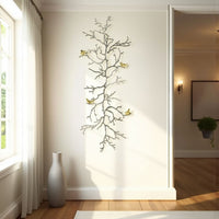 Branch Shape Aluminum Wall Decor with Gold Accented Four Birds, Silver