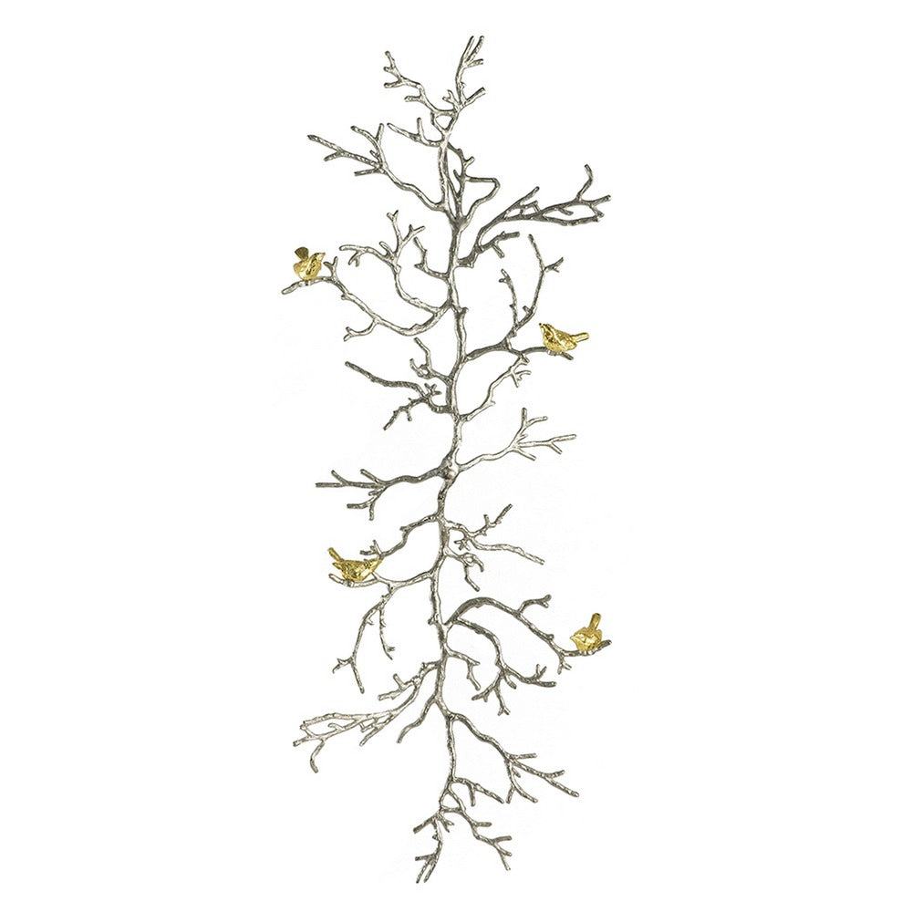 Branch Shape Aluminum Wall Decor with Gold Accented Four Birds, Silver