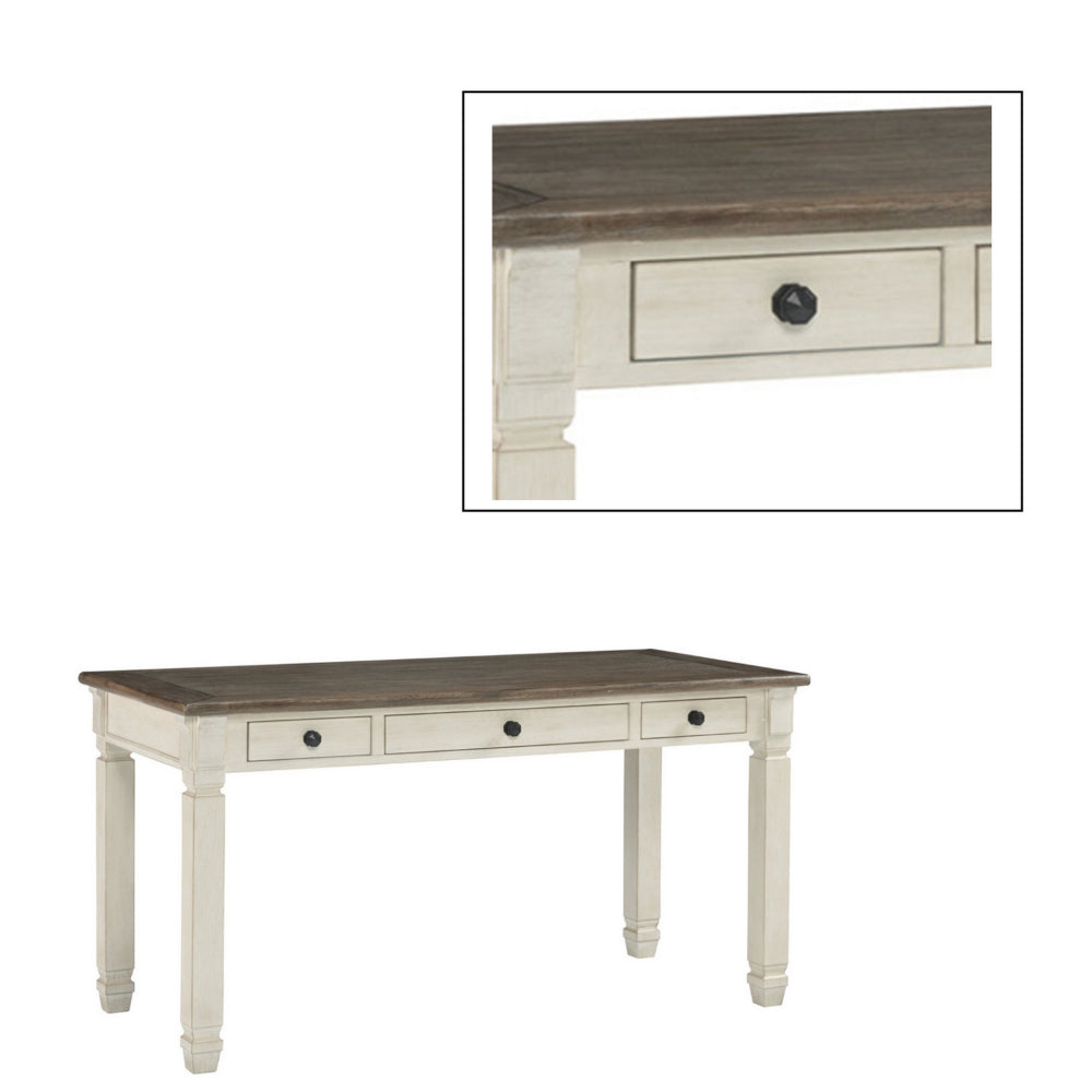 BM190085 - Three Drawer Wooden Desk with Plank Style Top, Brown and White