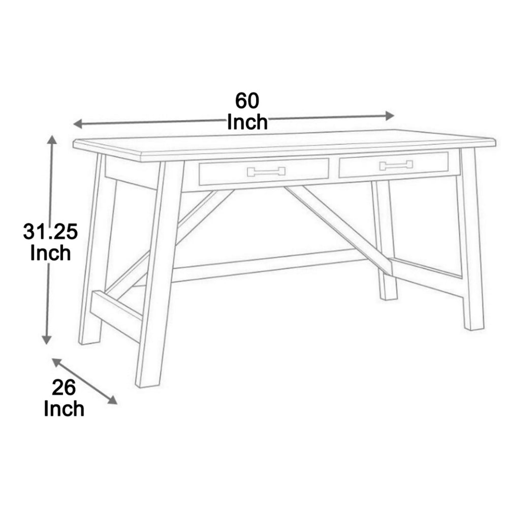 BM190086 - Two Drawers Wooden Desk with Cross Stretcher Brace Design, Large, Brown