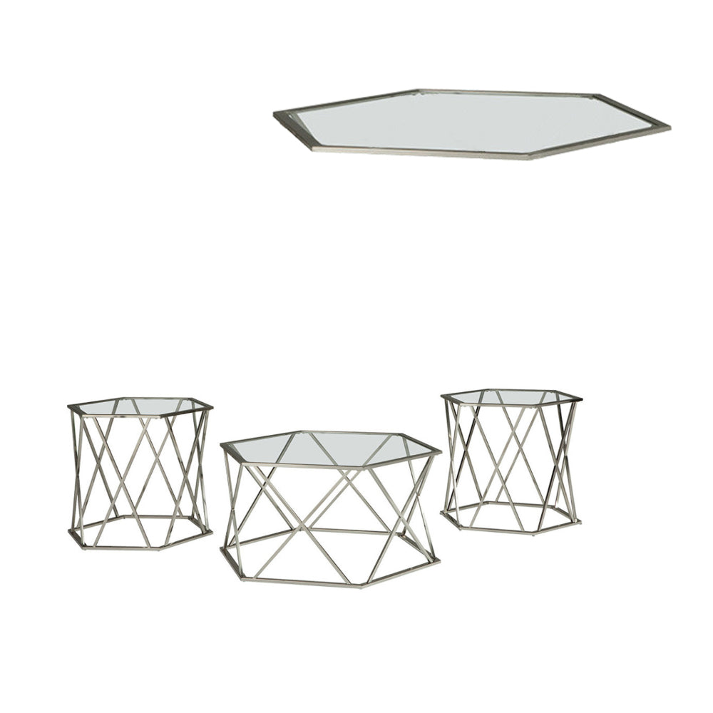 BM190099 - Hexagonal Design Metal Framed Table Set with Inserted Glass Top, Set of Three, Silver and Clear