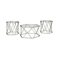 BM190099 - Hexagonal Design Metal Framed Table Set with Inserted Glass Top, Set of Three, Silver and Clear