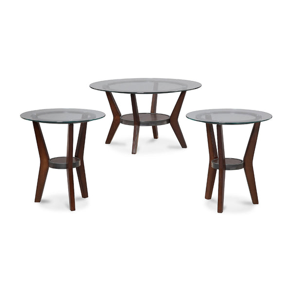 BM190111 - Round Wooden Table Set with Glass Top and Lower Shelf, Set of Three, Brown and Clear