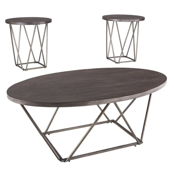 BM190131 - Elm Wood Table Set with Bridge Truss Metal Base, Set of Three, Brown and Gray