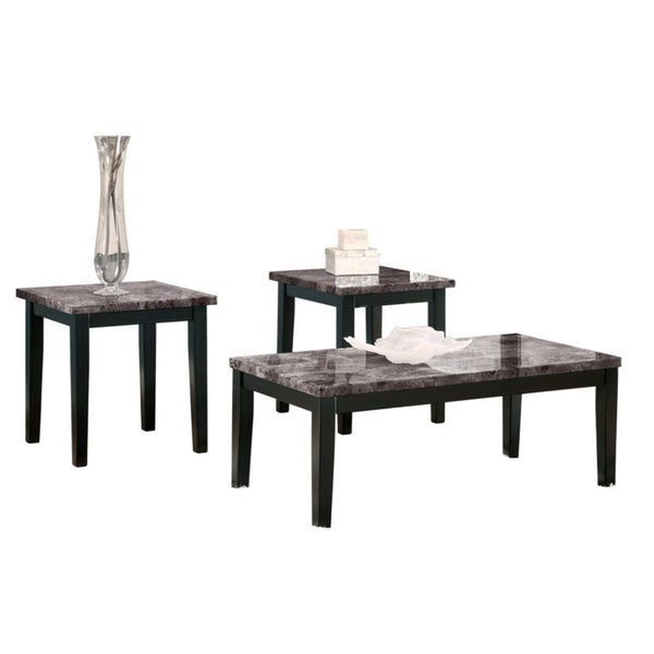 Faux Marble Top Table Set with Tapered Wooden Legs, Set of Three, Black and Gray - BM190138