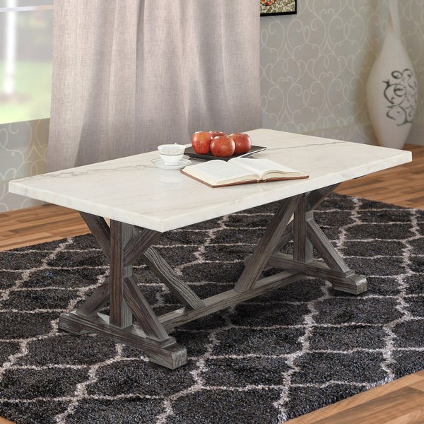 BM191236 - Marble Rectangle Shaped Coffee Table with Wooden Trestle Base, White and Espresso Brown