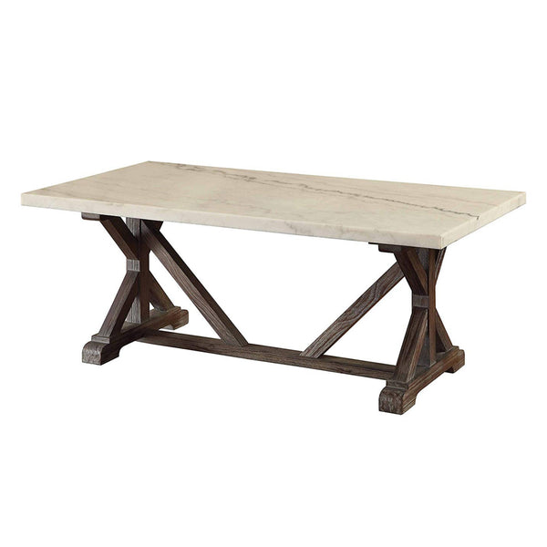 BM191236 - Marble Rectangle Shaped Coffee Table with Wooden Trestle Base, White and Espresso Brown