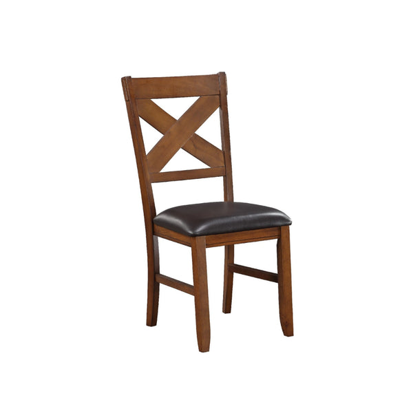 Wooden Side Chair with Faux Leather Padded Seat and X Cross Backrest, Brown, Set of Two - BM191323