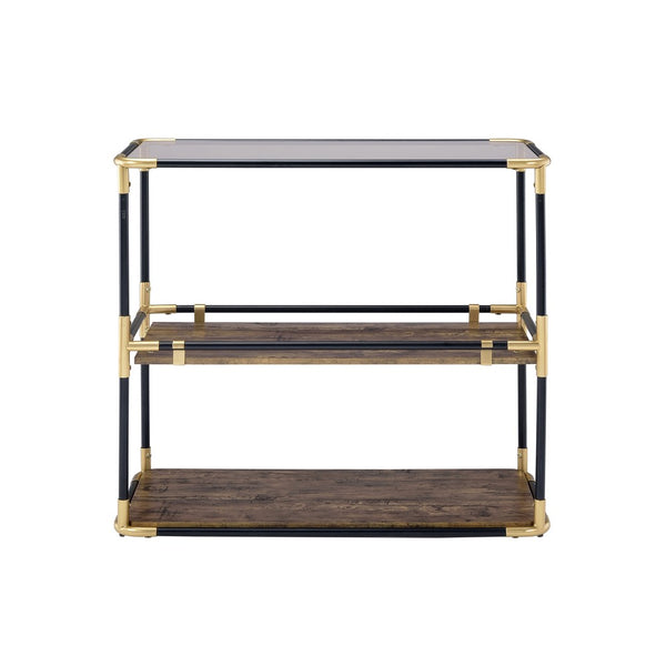 Rechange Glass Top Console Table Metal Tubular Framing and Wooden Shelves, Black and Brown - AMF-90319