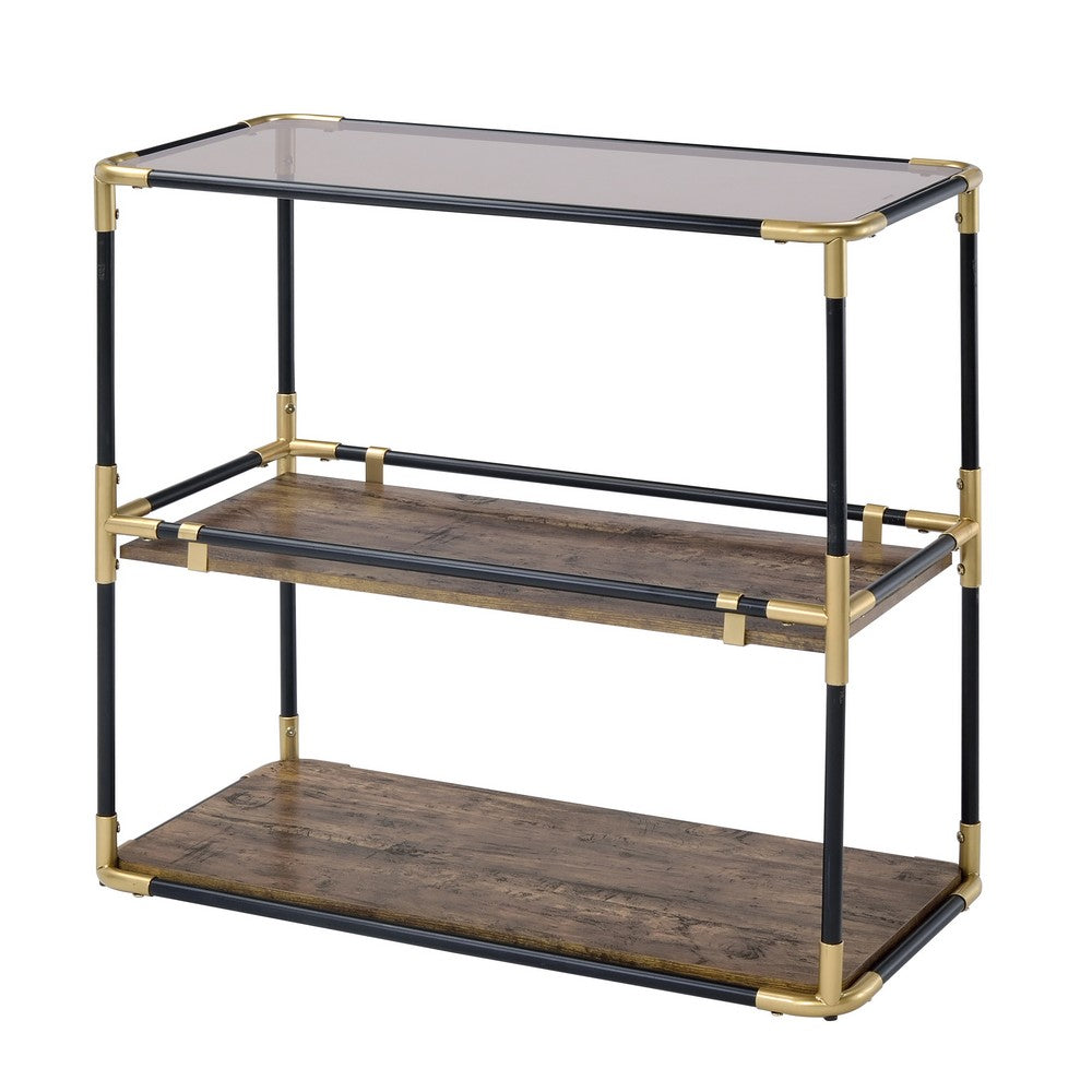Rechange Glass Top Console Table Metal Tubular Framing and Wooden Shelves, Black and Brown - AMF-90319