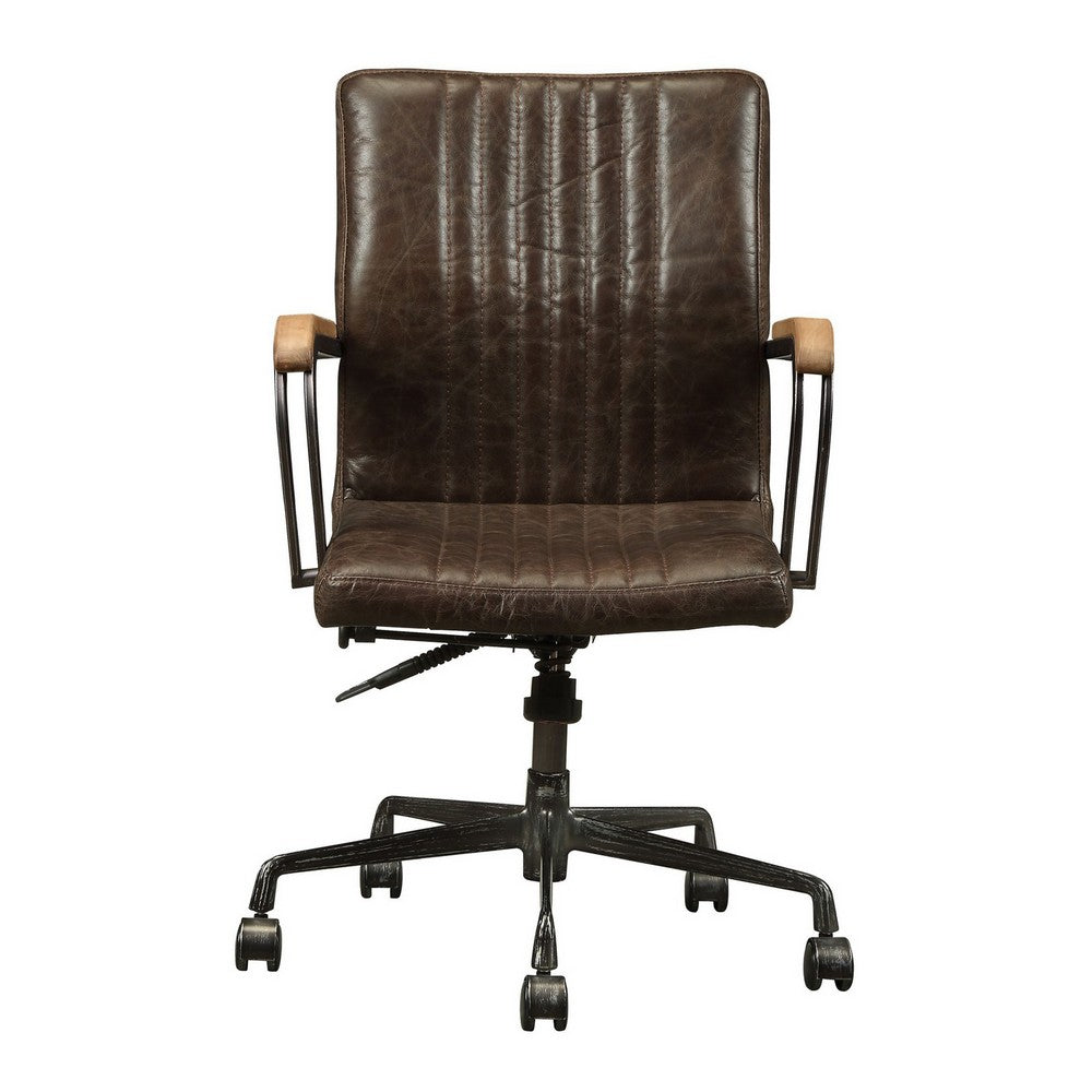 Leatherette Upholstered Metal Swivel Executive Chair with Curved Wooden Armrest, Brown and Black - AMF-92028