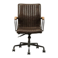 Leatherette Upholstered Metal Swivel Executive Chair with Curved Wooden Armrest, Brown and Black - AMF-92028