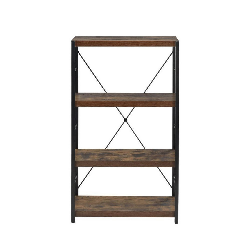 Four Tiered Metal Framed Wooden Bookshelf, Weathered Oak Brown and Black - BM191429