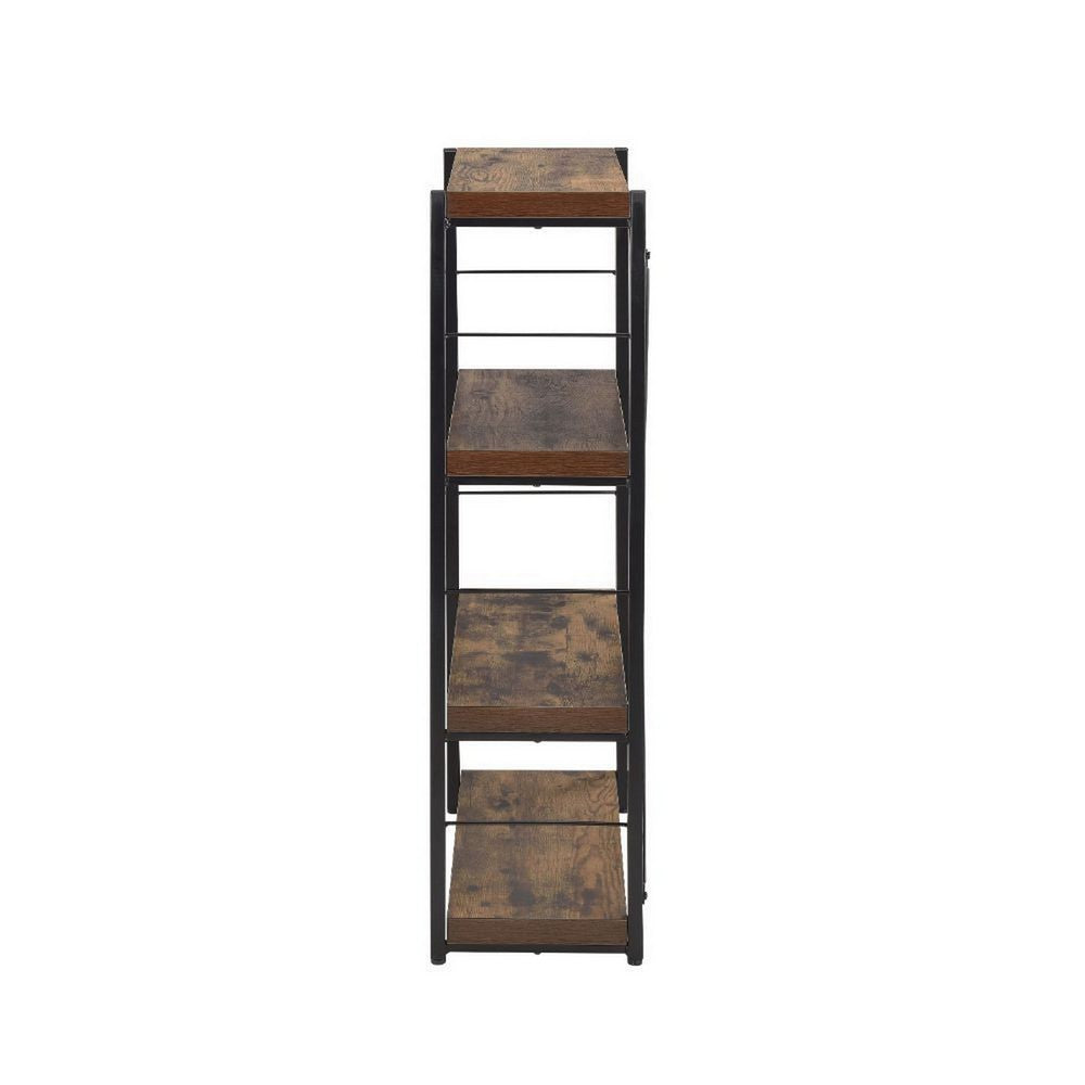 Four Tiered Metal Framed Wooden Bookshelf, Weathered Oak Brown and Black - BM191429