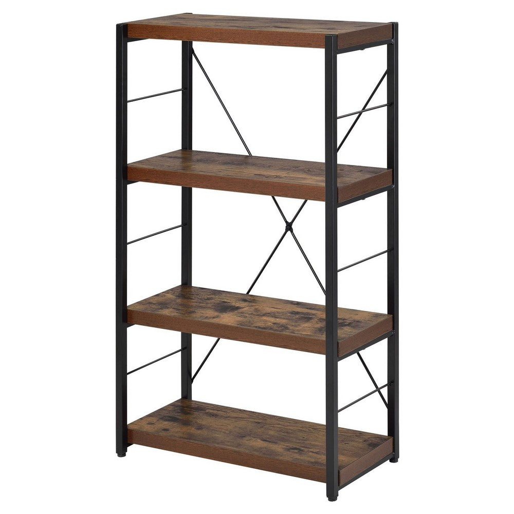 Four Tiered Metal Framed Wooden Bookshelf, Weathered Oak Brown and Black - BM191429