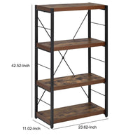 Four Tiered Metal Framed Wooden Bookshelf, Weathered Oak Brown and Black - BM191429