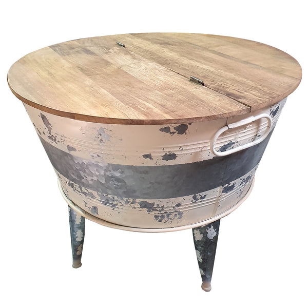 26 inch Accent Round Cocktail Table, Tub Like Iron Base, Brown, Gray, Washed White - BM193783