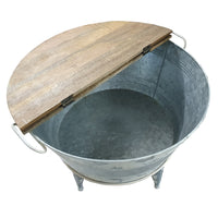 26 inch Accent Round Cocktail Table, Tub Like Iron Base, Brown, Gray, Washed White - BM193783